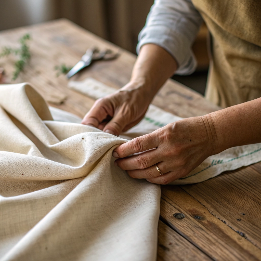 Artisan hands working delicately with natural materials in a coastal workshop